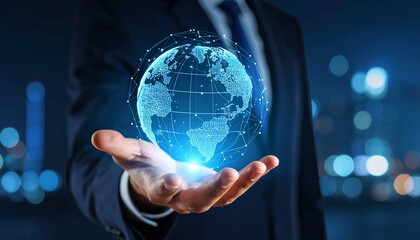 A scene in which a man raises his hand and a digital globe-shaped object rotates in his palm