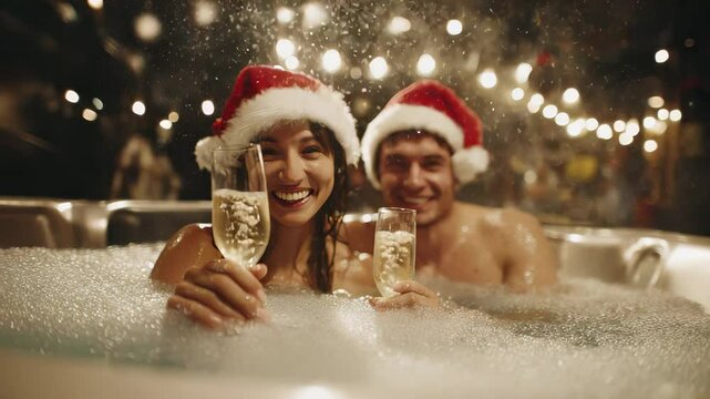 Smiling Couple in Santa Hats Enjoying Champagne in Outdoor Hot Tub at Night