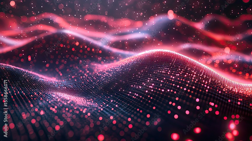 Poster quantum technology network flow with particle lines, data entanglement design, and scientific future
