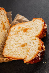 Brioche sweet baked dessert fluffy baked goods fresh delicious gourmet food background on the table rustic food top view copy space