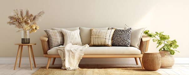 Boho Scandi Living Room Linen Couch Jute Rug Pale Walls Wooden Accent Table Airy Composition Lifestyle And Web-Ready Background