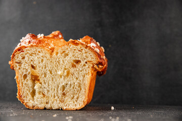 Brioche sweet baked dessert fluffy baked goods fresh delicious gourmet food background on the table...