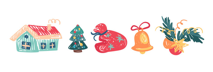 Cute Christmas characters and objects in crayon kid style. Hand-drawn doodle design for children, stickers, cards. Crayon, pastel chalk, pencil drawing in funny childlike way, simple vector set