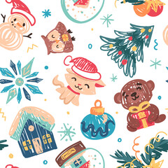 Seamless Christmas pattern in childlike crayon style. Print for cloth design, textile, fabric, wallpaper, wrapping paper. Chalk Hand drawn vector kids sketches: houses, trees, animals, gifts, snow