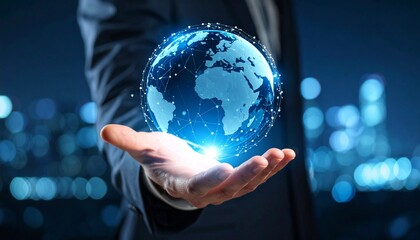 A scene in which a man raises his hand and a digital globe-shaped object rotates in his palm