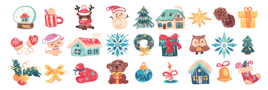 Cute Christmas set in crayon kids style. Hand-drawn festive elements: gifts, animals, houses, trees, snowflakes. Childish doodles for stickers, prints, greeting cards. Vector childlike drawings - Powered by Adobe