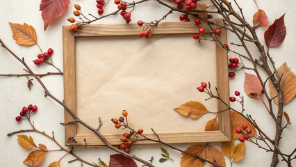 Wooden frame is placed on a textured background, surrounded by colorful autumn leaves and berries, creating a warm and inviting atmosphere perfect for showcasing fall themed designs or messages