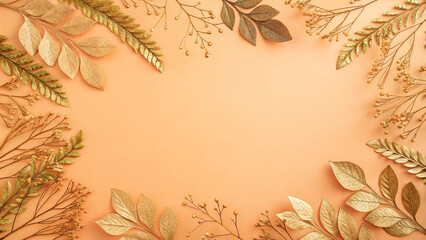 Golden and bronze autumn leaves and branches arranged on an orange background creating a beautiful frame with copy space, perfect for fall themed designs and projects