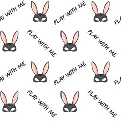 Bunny Mask & “Play With Me” Lettering Seamless Pattern – Fun Kinky Minimal Style