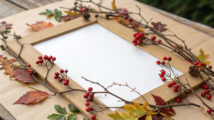Wooden frame is placed on a textured background, surrounded by colorful autumn leaves and berries, creating a warm and inviting atmosphere perfect for showcasing fall themed designs or messages