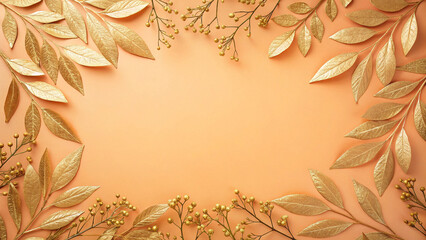 Golden and bronze autumn leaves and branches arranged on an orange background creating a beautiful frame with copy space, perfect for fall themed designs and projects