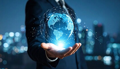 A scene in which a man raises his hand and a digital globe-shaped object rotates in his palm