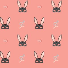 Cute Bunny Mask & Gender Symbols Seamless Pattern – Playful Love Icons on Pink