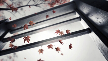 Red maple leaves are falling near a wooden structure, creating a serene and beautiful autumn atmosphere with sunlight filtering through the gaps