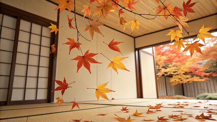 Beautiful red and orange maple leaves falling and swirling gently in the wind inside a traditional japanese house with tatami mats, creating a serene autumn atmosphere