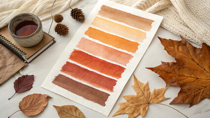 Cozy autumn atmosphere with a warm color palette, inspiring creativity with dried leaves, pine cones, a sketchbook, a warm beverage, and a soft sweater, perfect for fall themed projects