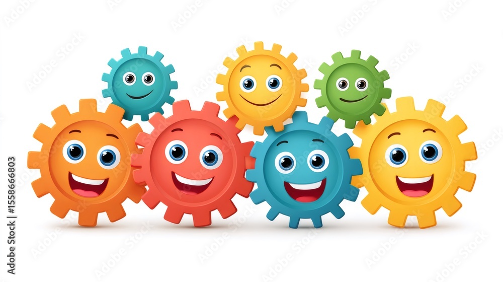 Poster colorful gears with smiling faces working together in unity