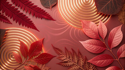 Red and brown autumn leaves are arranged on a textured background with subtle wavy patterns, along with glowing golden circles, creating a warm and inviting autumnal atmosphere