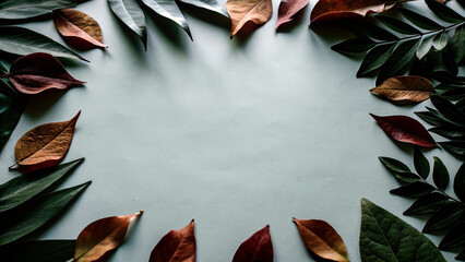 Colorful autumn leaves and green branches forming a frame on a light blue background, creating a beautiful negative space for text or design, perfect for autumn themed projects
