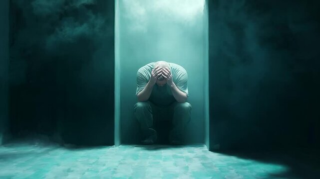 Individual crouched, covering face with hands, surrounded by turquoise-green translucent walls, expressing psychological struggle and emotional overwhelm.