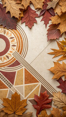 Colorful autumn leaves creating a vibrant frame on a white background adorned with a geometric pattern, evoking a warm and inviting fall atmosphere