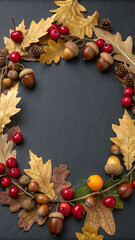 Beautifully crafted autumnal wreath, adorned with vibrant fall leaves, acorns, pine cones, and red berries, hangs on a black door, creating a warm and inviting atmosphere