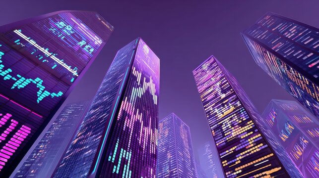 Futuristic skyscrapers showing stock market data at night