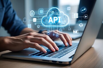 Person typing on laptop with glowing cloud api and technology icons interface