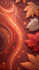 Vibrant autumn leaves gracefully adorn a mesmerizing abstract red background, embellished with luminous golden glitter trails, creating a captivating seasonal atmosphere