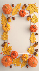 Fototapeta premium White wavy frame lies on a beige surface, surrounded by pumpkins, acorns, and oak leaves, creating a cozy autumnal atmosphere, perfect for halloween or thanksgiving celebrations