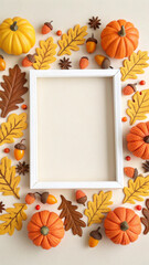 White wavy frame lies on a beige surface, surrounded by pumpkins, acorns, and oak leaves, creating a cozy autumnal atmosphere, perfect for halloween or thanksgiving celebrations