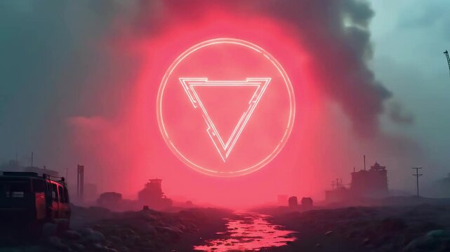 Futuristic landscape with glowing triangular logo against a dramatic pink sky and industrial backdrop