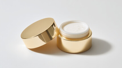 Open Cream Jar: A close-up studio shot of an open cosmetic cream jar with a gold lid and soft, creamy contents.