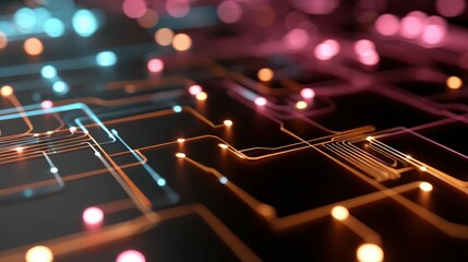Futuristic circuitry glowing with data transferring through complex network