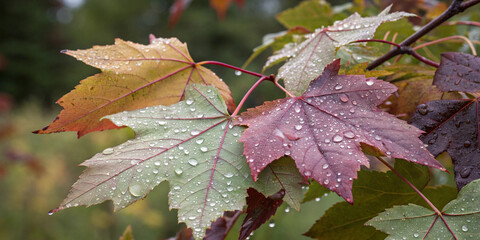 Beautiful maple leaves displaying a vibrant array of autumn colors, glistening with raindrops on their surfaces, creating a moody and evocative atmosphere in nature's fall scenery