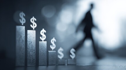 Ascending step chart with dollar signs, blurred businessman in background, stock photo with copy space. 