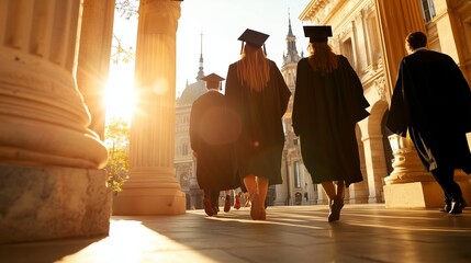 Graduation ceremony at sunset with graduates walking in academic robes through a historic architectural setting