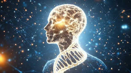 Abstract depiction of a human head and body, connected by glowing network lines and particles - Powered by Adobe