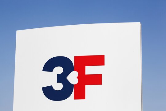 Aarhus, Denmark - April 18, 2021: 3F sign on a panel. 3F is the united federation of workers, a Danish labor union	