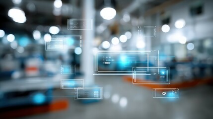 Futuristic digital display panels showing data in a blurred industrial setting