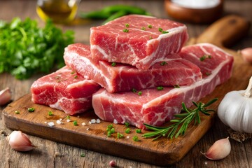 Fototapeta premium Fresh raw beef steaks with herbs and spices ready for grilling