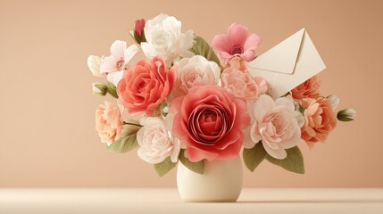 Bouquet of roses with soft petals flat design front view love letter theme 3D render Complementary Color Scheme.