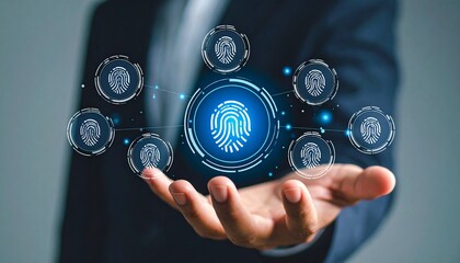 A three-dimensional icon in the shape of a fingerprint floating above a man's hand