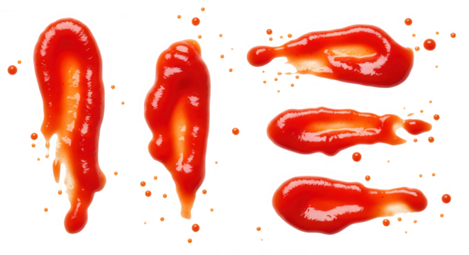 Various ketchup spills and splashes, isolated on transparent background