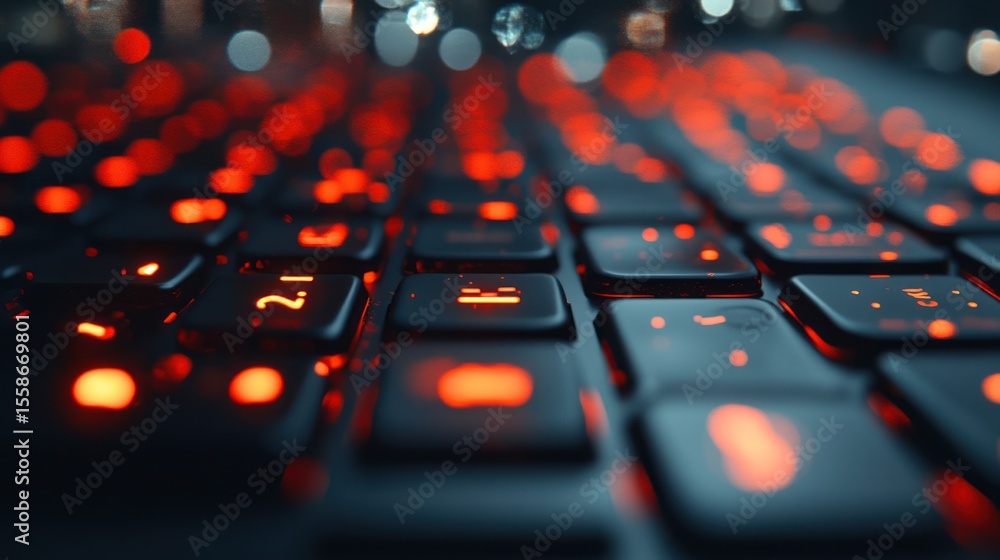 Poster close-up of a glowing keyboard. red illumination highlights keys. bokeh effect of out-of-focus city 