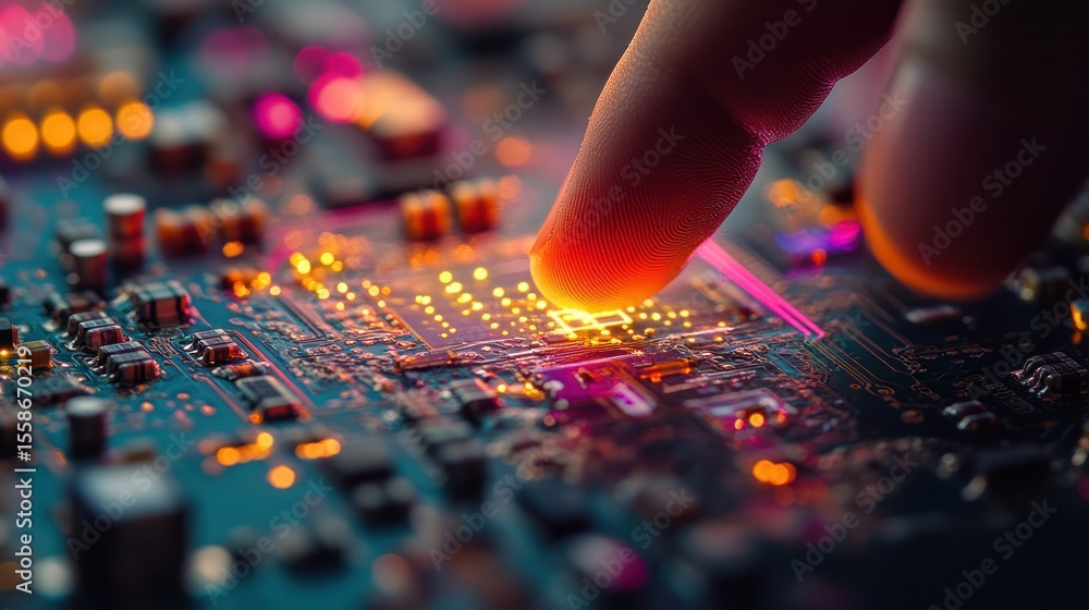 Poster close-up of a hand's fingertip touching a glowing circuit board. brightly lit components and traces 