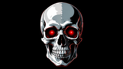 A metallic skull with glowing red eyes stares straight ahead