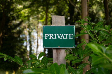 Green private property sign on a wooden post surrounded by lush foliage in the woods.