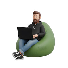 Relaxed digital nomad works remotely from a beanbag chair on his laptop, showcasing modern freelance lifestyle and a transparent background.