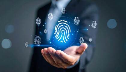 A three-dimensional icon in the shape of a fingerprint floating above a man's hand